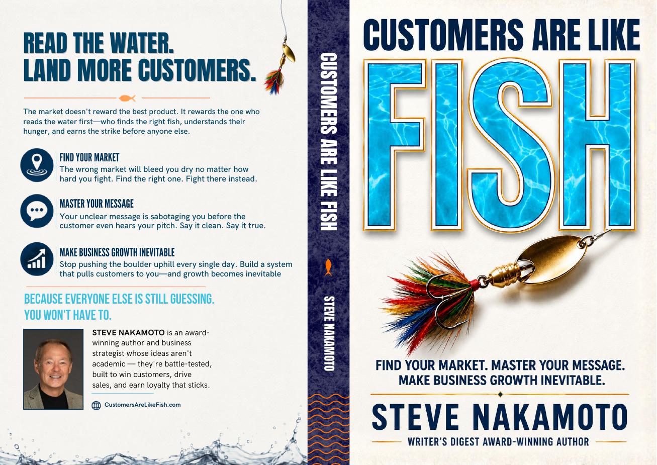 Full jacket of Customers Are Like Fish showing the back cover copy, spine, and front cover